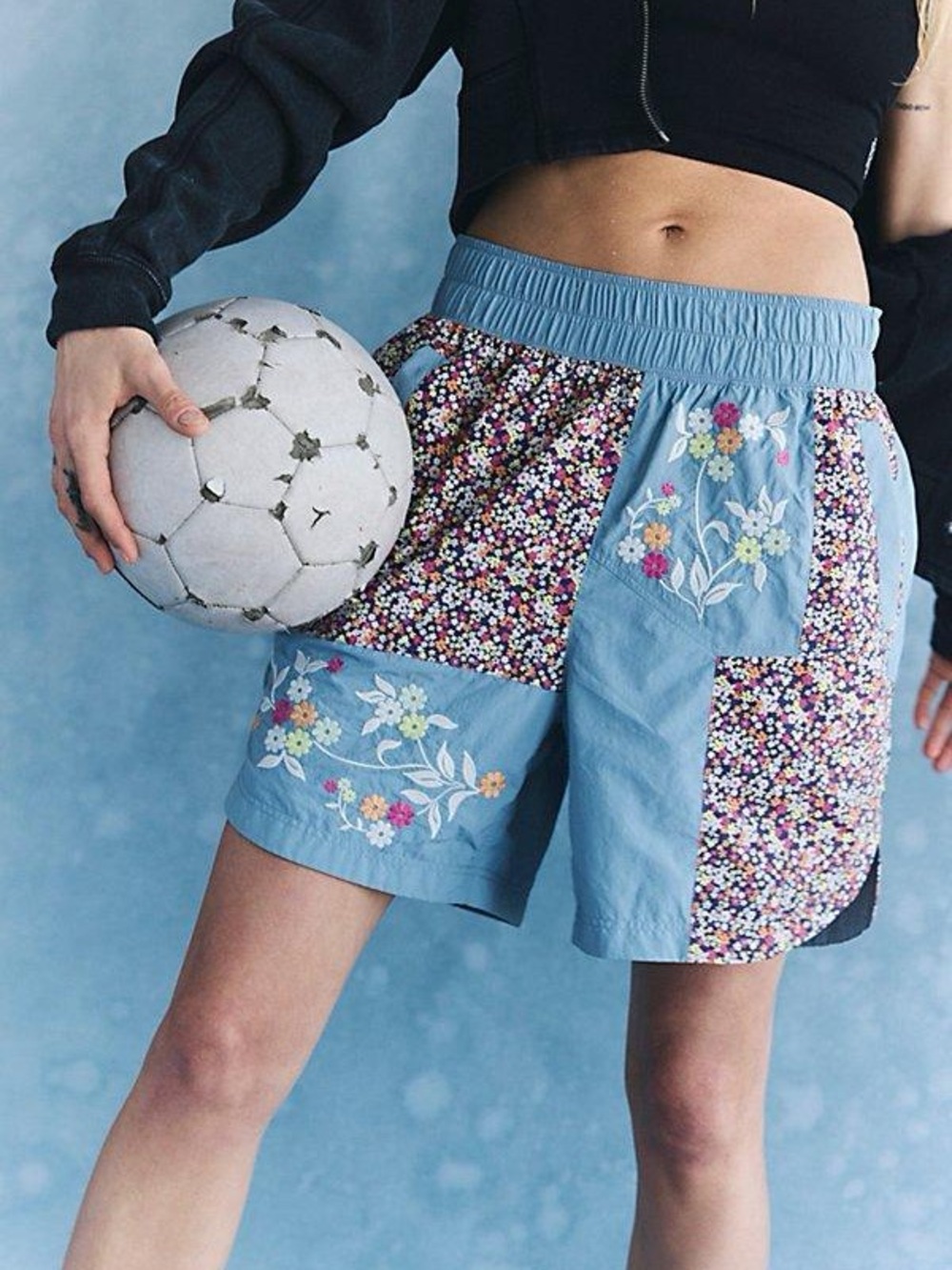 Free People Patchwork Floral Athletic Shorts in Light Blue